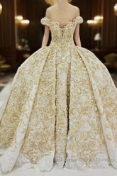 Off the shoulder Golden Lace Appliques Formal Ball Gown Wedding Dresses
